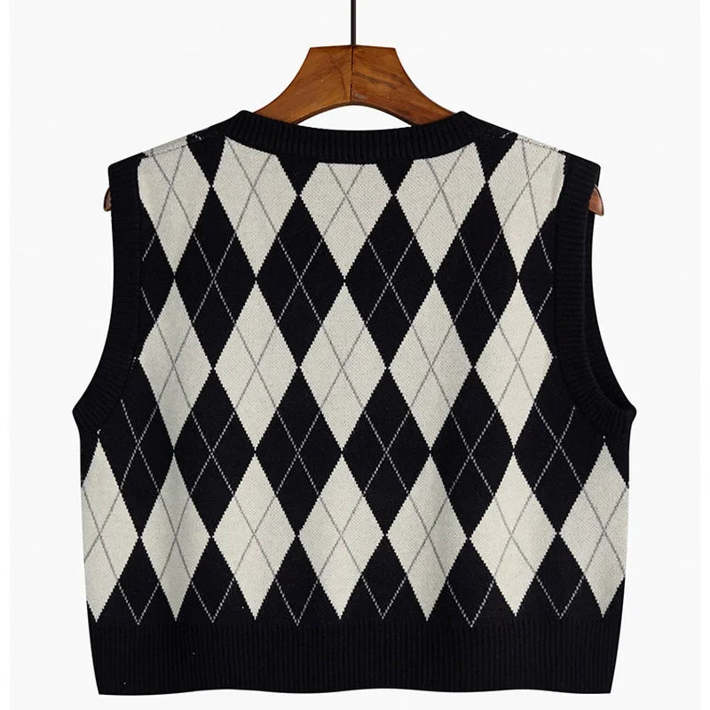 V-neck Plaid Sweater Vest Autumn Winter Knit Sweaters Pullover Loose Korean Knitwear Tops Pull Femme
