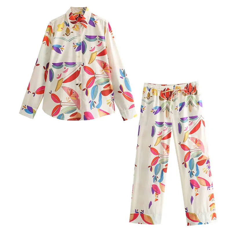 Spring Suit Printed Lapel Long Sleeves Single Breasted Shirts Female Elastic Waist Wide Leg Pants