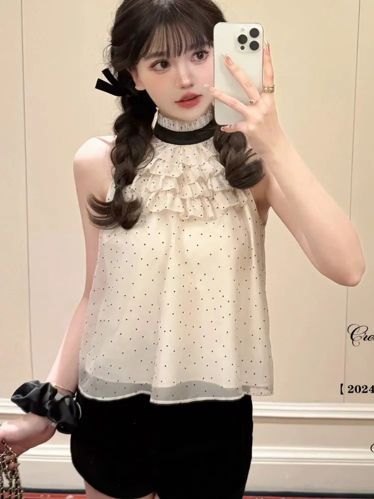 Y2k Polka Dot Two-piece Set Chiffon Halter Sleeveless Top Ruffles A-line Cake Mini Skirt Summer New Korean Outfits