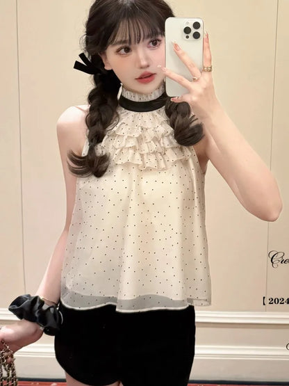 Y2k Polka Dot Two-piece Set Chiffon Halter Sleeveless Top Ruffles A-line Cake Mini Skirt Summer New Korean Outfits