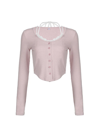 Sweet Y2k Pink Slim Long Sleeve Cropped Button T-shirt Contrast Lace Patchwork Halter Tie Kawaii Balletcore Clothes