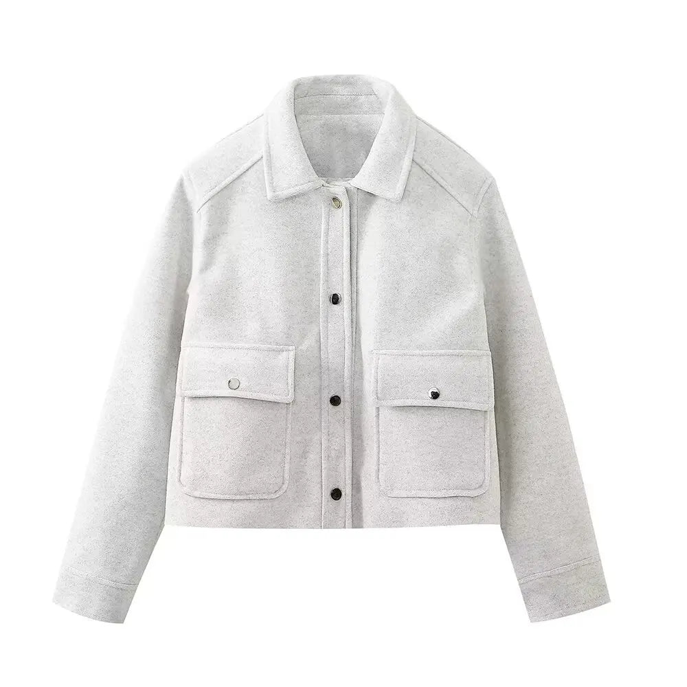 Pockets Cropped Jacket Woman Spring Turn Down Collar Long Sleeve Khaki Short Coat New Outerwear Tops