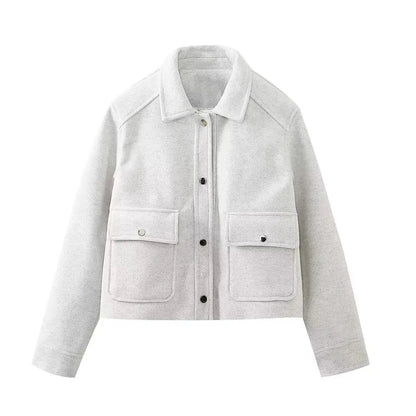 Pockets Cropped Jacket Woman Spring Turn Down Collar Long Sleeve Khaki Short Coat New Outerwear Tops