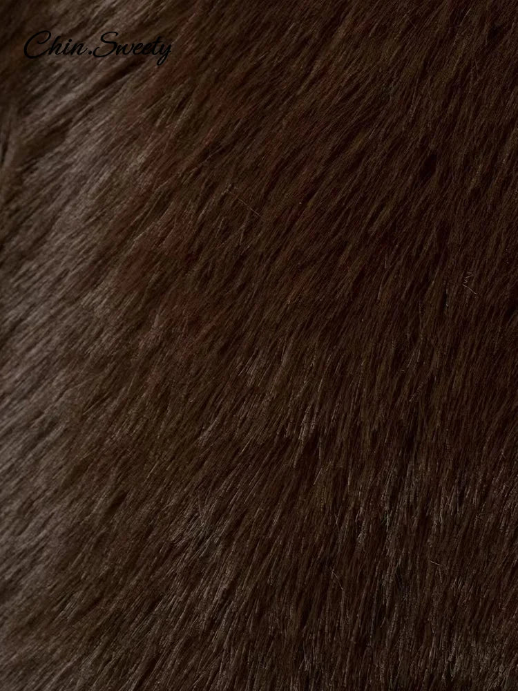 Brown Faux Fur Jacket Oversized Lapel Long Sleeve Fluffy Thicken Coats Female Winter Warm