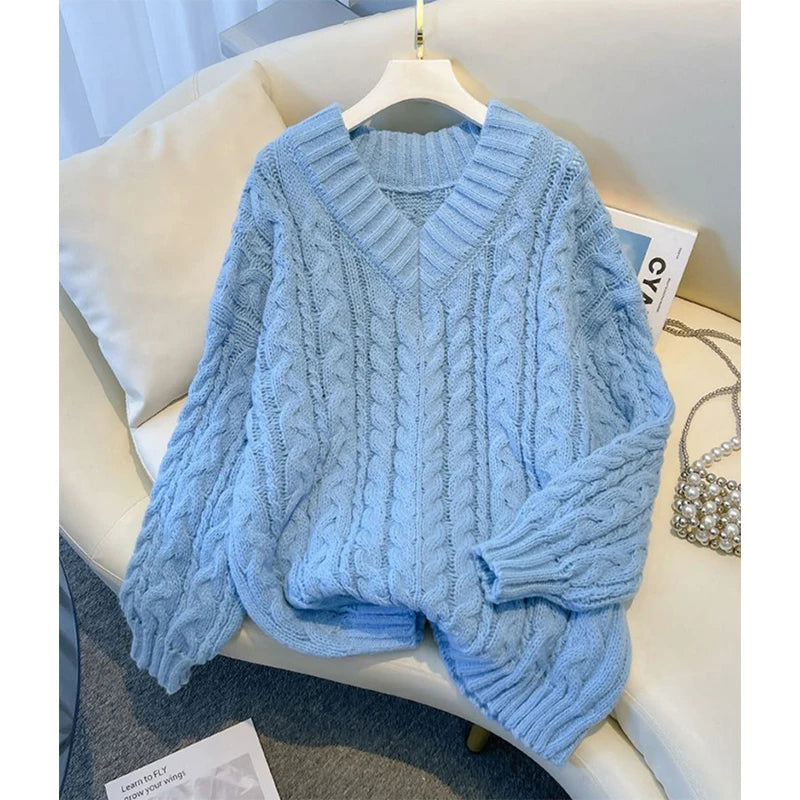 Harajuku Sweater Oversized Pink V Neck Knitted Pullovers Korean Long Sleeve Knitwear Winter Jumpers