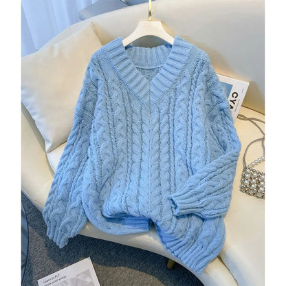 Harajuku Sweater Oversized Pink V Neck Knitted Pullovers Korean Long Sleeve Knitwear Winter Jumpers