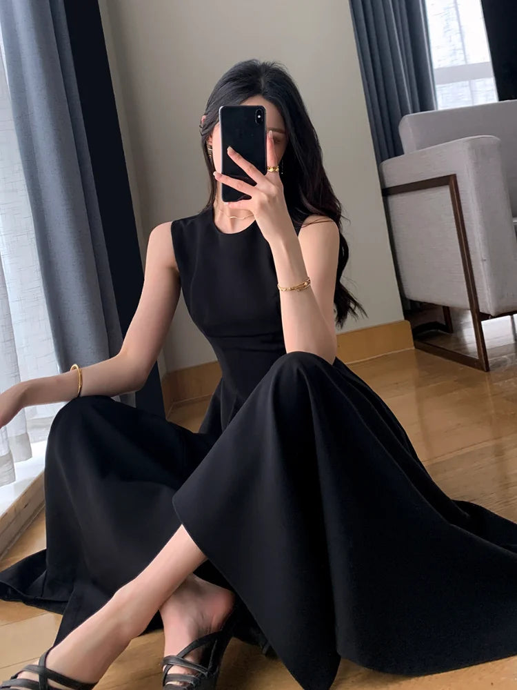 Summer New Black Sleeveless Aline Vest Dress Sweet Long Dresses Woman Party Club Dress Vestido