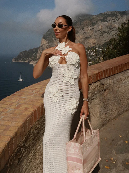 Knitted 3d Flower Halter Long Dress Crochet Hollow Out Sleeveless Blue Maxi Dresses New Lady Beach Vacation Robe