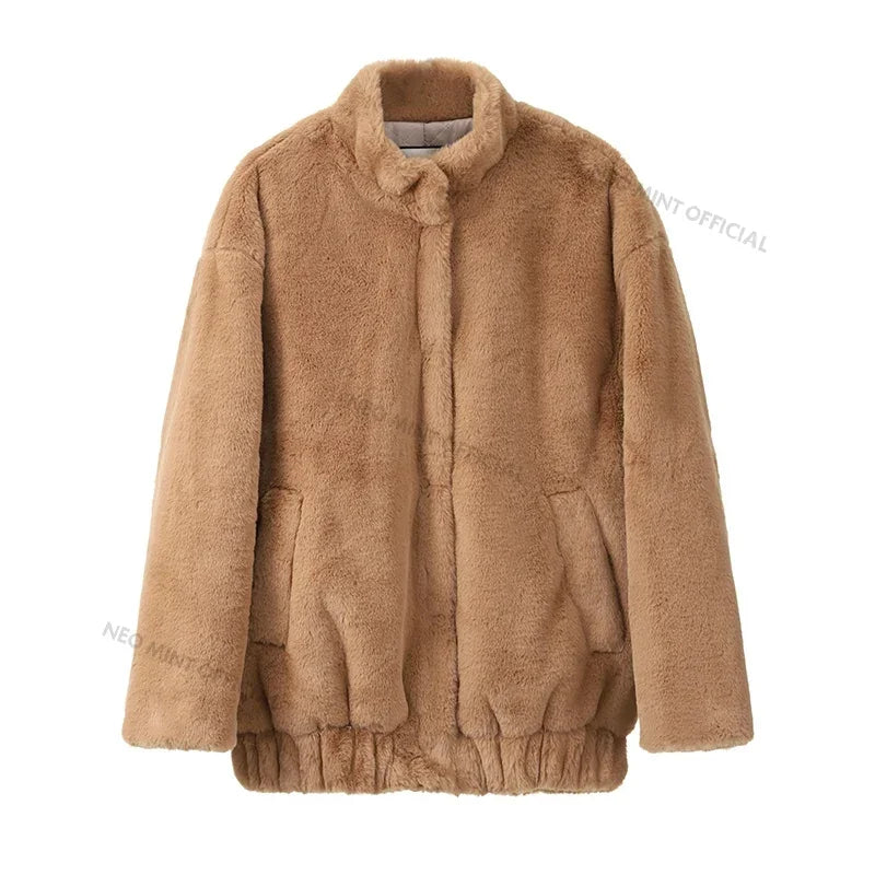 Oversized Plush Coat Winter Thick Warm Padded Faux Rabbit Fur Jacket Teen Chunky Furry Bomber Jackets