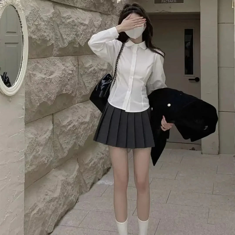 White Bandage Shirt Slim Long Sleeve Top School Uniform Basic Blouse Female Polo Neck