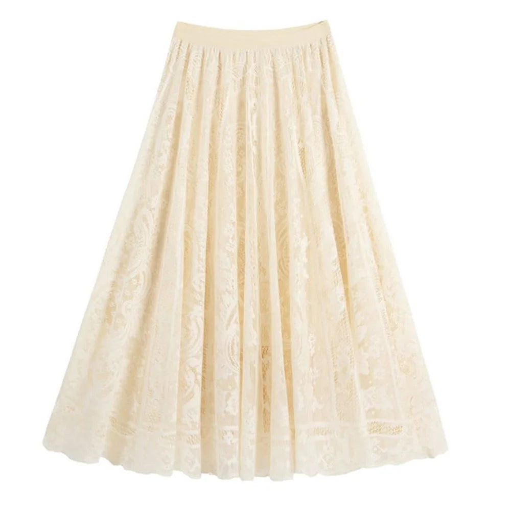High Waist Hollow Out Female Maxi Skirts Spring Summer Lace Crochet Umbrella Long Skirts