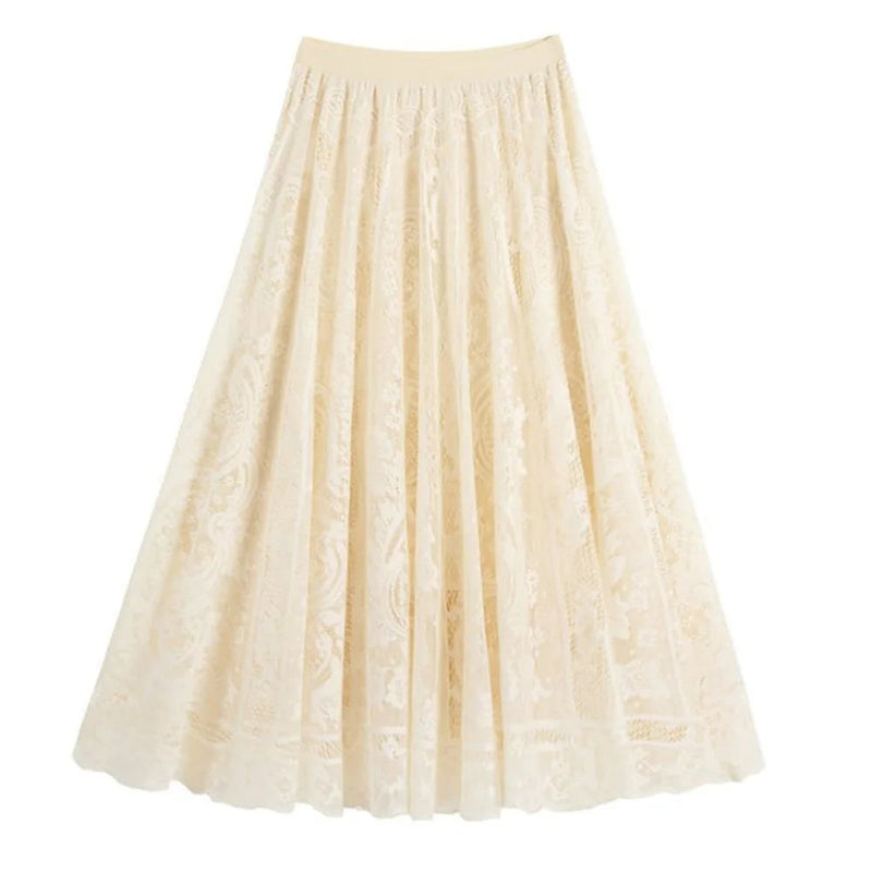 High Waist Hollow Out Female Maxi Skirts Spring Summer Lace Crochet Umbrella Long Skirts