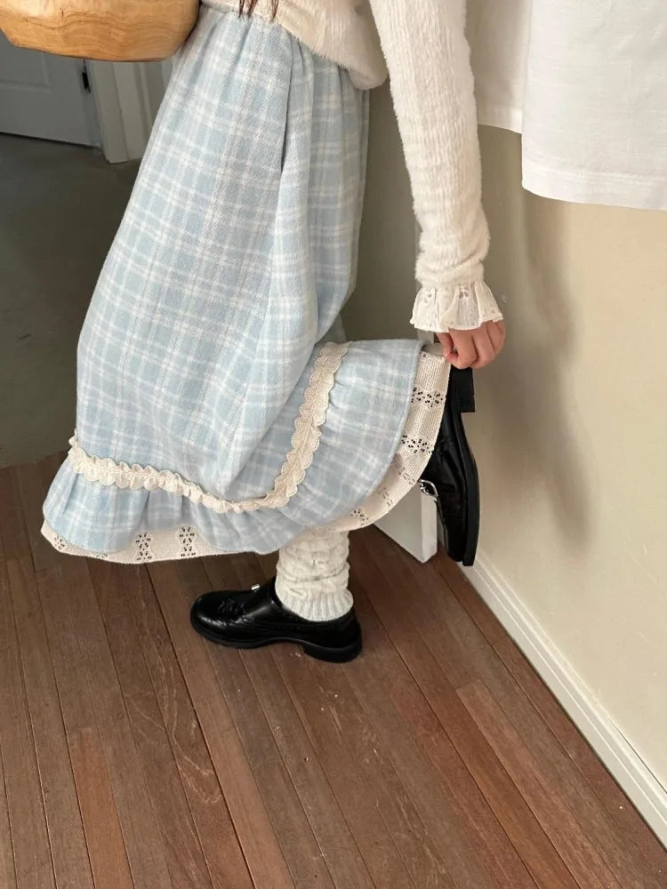 Autumn Winter Y2k Skirts Blue Plaid Woolen Plaid Lace Splicing Skirt High Waist Slimming a Word Long Skirt