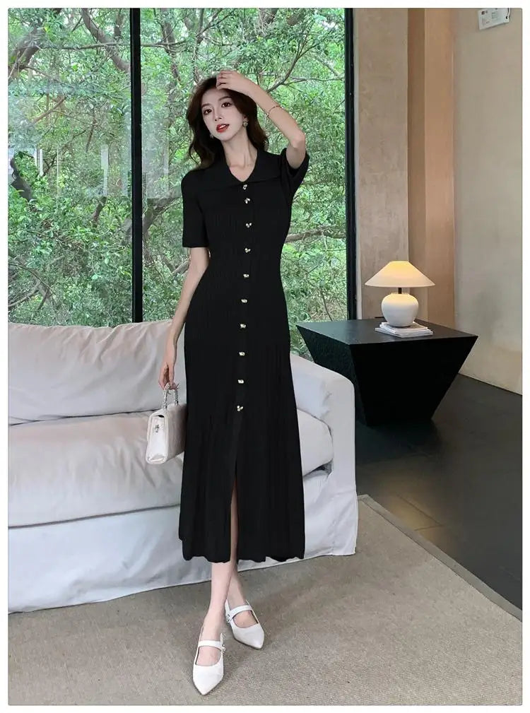 Black Beige Temperament Split Knit Dress Summer Single Breasted Robe Green Office Lady New Long Dress
