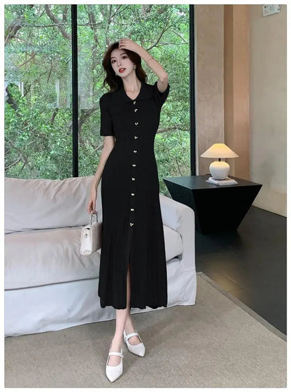 Black Beige Temperament Split Knit Dress Summer Single Breasted Robe Green Office Lady New Long Dress