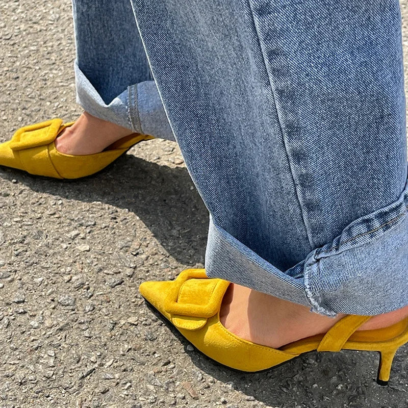 Sandals Summer Pointed Toe High Heels Stiletto Square Buckle Large Size Single Shoes