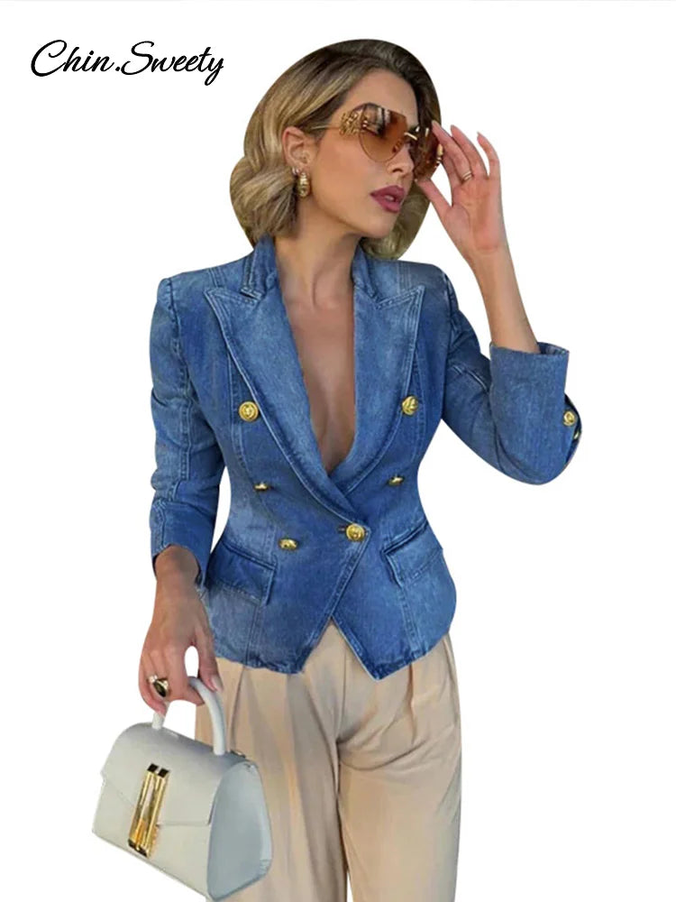 Slim Cropped Denim Jacket Lapel Long Sleeve Double Breasted Blazer Coat Female Spring Summer High Street Outwears