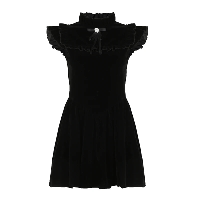 Flying Sleeve Aline Velvet Dress Black Sweet Japanese Style Sleeveless Princess Mini Dresses for Party Holiday