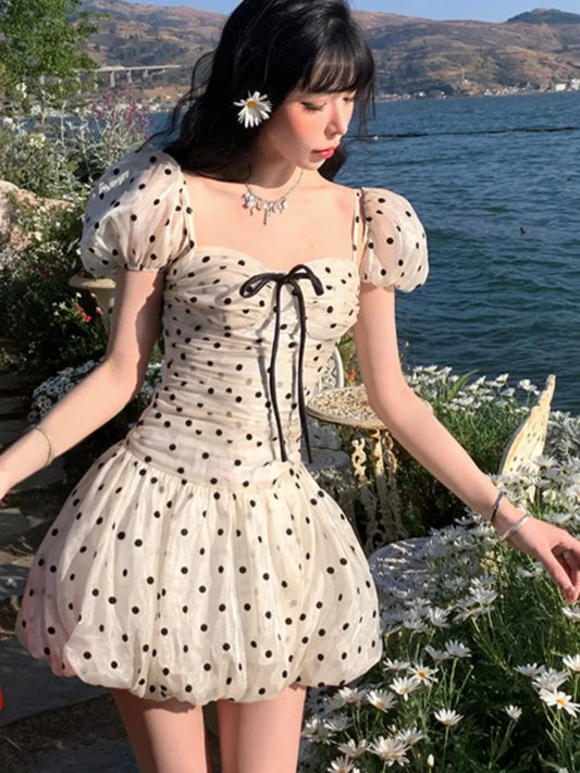 Polka Dot Birthday Party Dress Off Shoulder Puff Sleeve A-line Ball Gown Mini Dresses for Korean One Piece Vestido