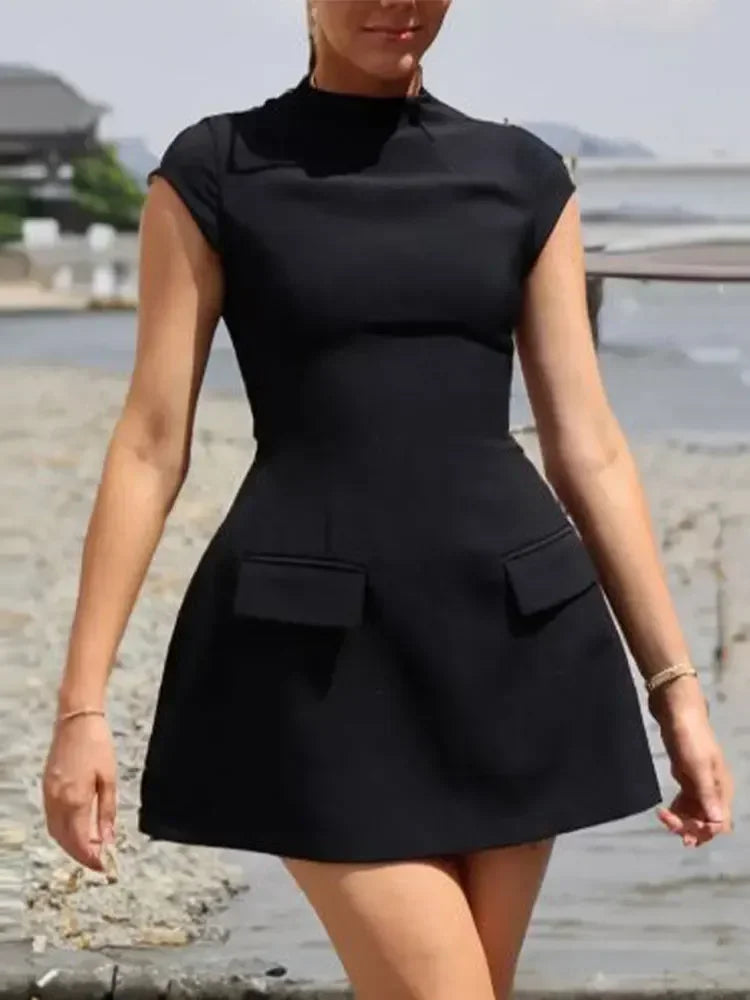 New Slim Pockets Mini Dress Oneck Short Sleeve Aline Dresses Office Lady Commuting Robes
