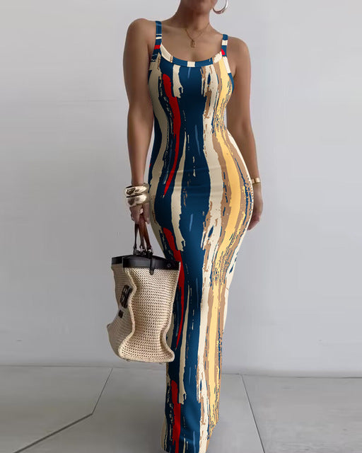 Printed Slim Spaghetti Strap Long Dresses Y2k Sleeveless Skinny Bodycon Maxi Vestidos Summer New