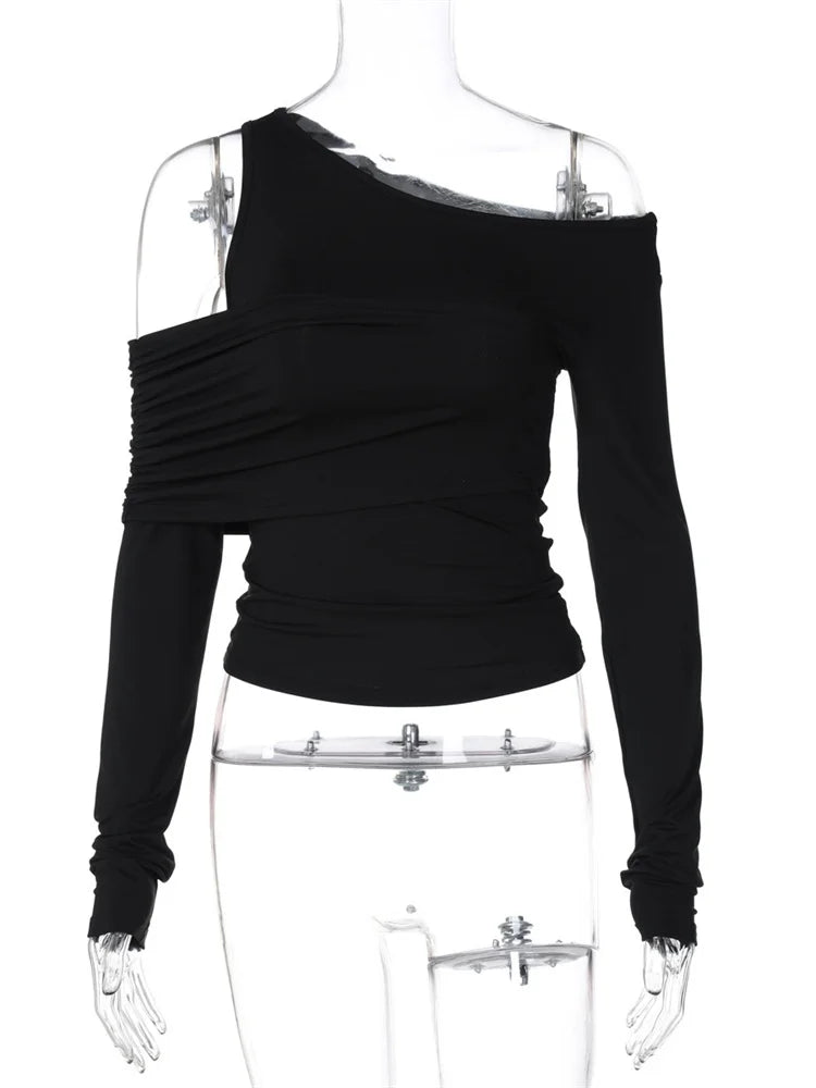 Black Off-shoulder Long Sleeve T-shirt for High Waist Autumn Slim Pullover Top Y2k Tee Top
