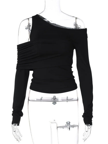 Black Off-shoulder Long Sleeve T-shirt for High Waist Autumn Slim Pullover Top Y2k Tee Top