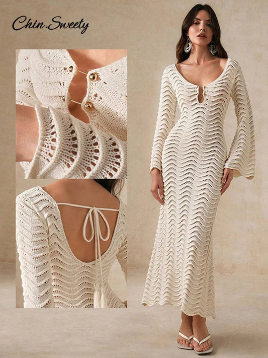 Beach Knit Hollow Out Maxi Dress Flare Sleeve Lace-up See-through Holiday Dresses Female Summer Lady Slim Robes