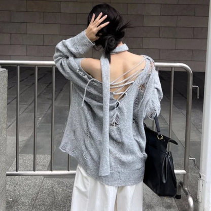 High Street Gray Hollow Hole Long Sleeve Sweater Autumn New Korean Strapless Laceup Loose Knitted Tops