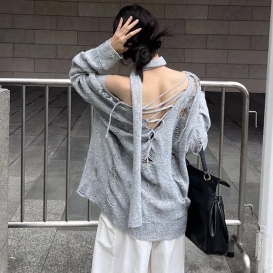 High Street Gray Hollow Hole Long Sleeve Sweater Autumn New Korean Strapless Laceup Loose Knitted Tops