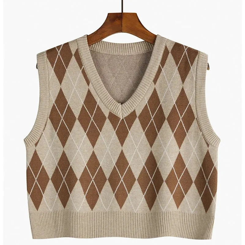 V-neck Plaid Sweater Vest Autumn Winter Knit Sweaters Pullover Loose Korean Knitwear Tops Pull Femme