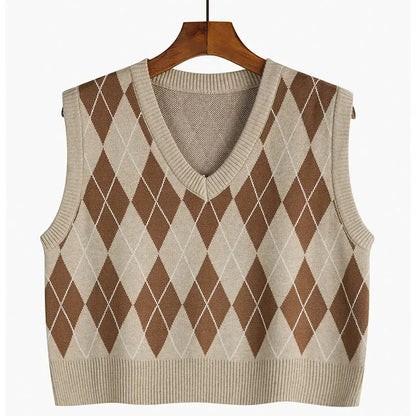 V-neck Plaid Sweater Vest Autumn Winter Knit Sweaters Pullover Loose Korean Knitwear Tops Pull Femme