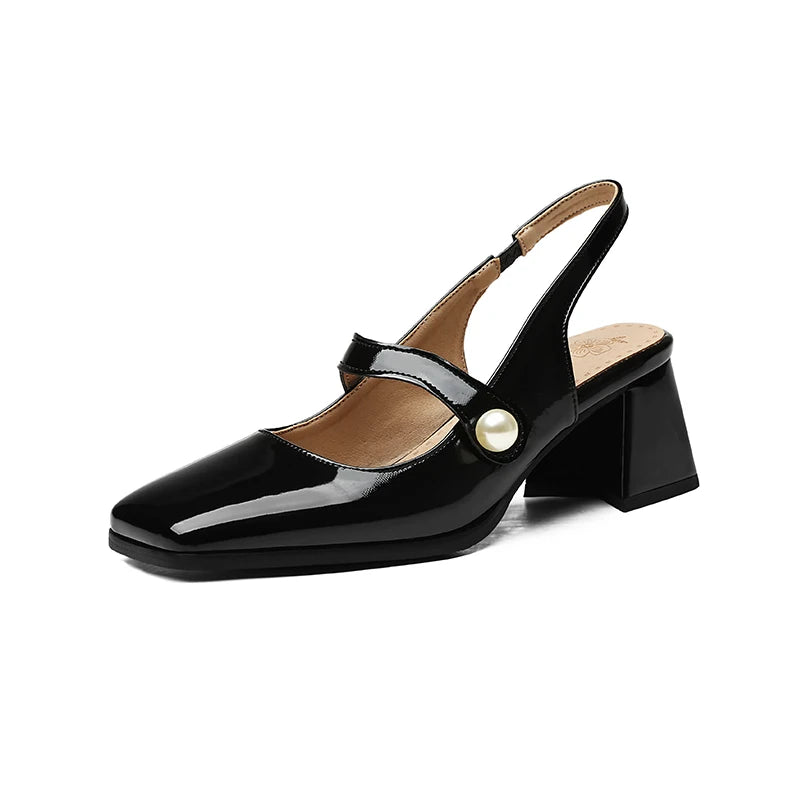 Pumps Slingback Sandals Square Toe Patent Leather Block High Heeled Mary Jane Shoes Gold Silver