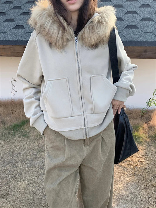 Fur Hooded Sweatshirts Loose Plush Winter Warm Daily Ol New All Match Coats
