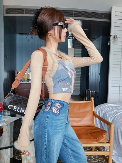 Cutout Butterfly Embroidered Jeans Woman High Waist Baggy Straight Denim Pants Street Denim Trouser