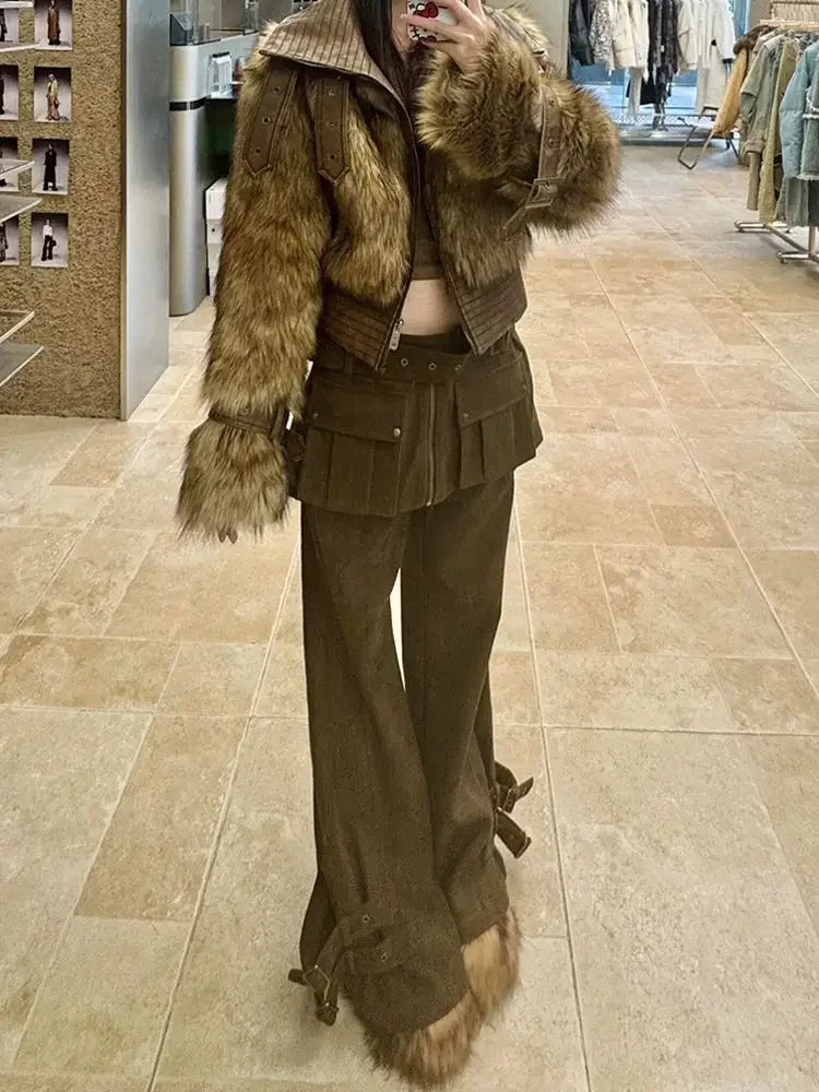American Retro Oversized Detachable Pants Clothing Autumn and Winter New Spicy Girl Fake Two Piece Spliced Flare Pants