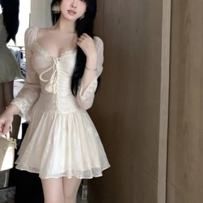 Lace Mini Dresses Spring Autumn V Neck Dress Korean Aline Vestidos Mujer