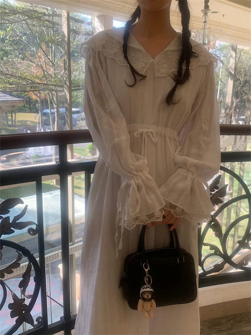 White Flare Sleeve Long Dress Lace Sweet Vneck Slim Cotton New Spring Office Lady Florals Gentle
