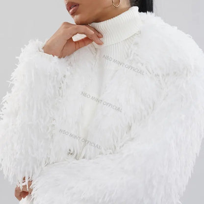 High Street Feathers Eco Fur Coat Winter Lapel Faux Fox Fur Jacket Long Fluffy Fur Overcoat Female