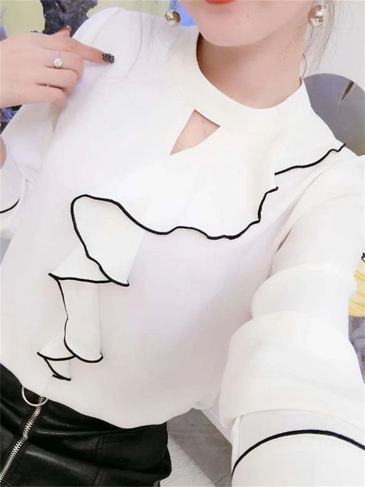 Spring Summer Style Chiffon Blouses Shirts Lady Long Sleeve Ruffles Decor Stand Collar Chiffon Blusas Tops Df3148
