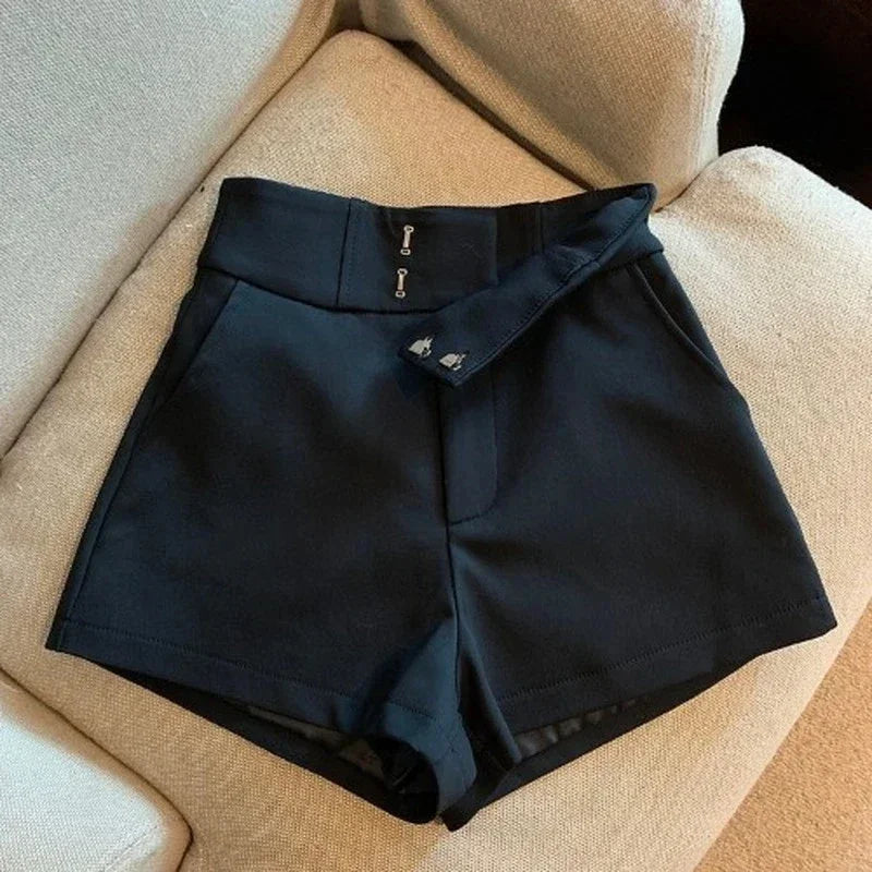 Suit Shorts High Waist Wide Leg Shorts Office Lady Korean Black White Simple All Match Short Pants