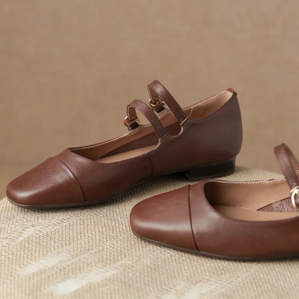 Cow Leather Round Toe Double Metal Buckle Round Toe Mary Jane Flats Leisure Soft Comfortable Ballerinas Shoes Hot