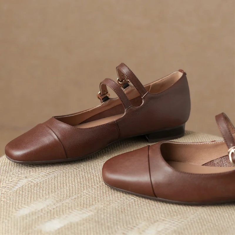 Cow Leather Round Toe Double Metal Buckle Round Toe Mary Jane Flats Leisure Soft Comfortable Ballerinas Shoes Hot