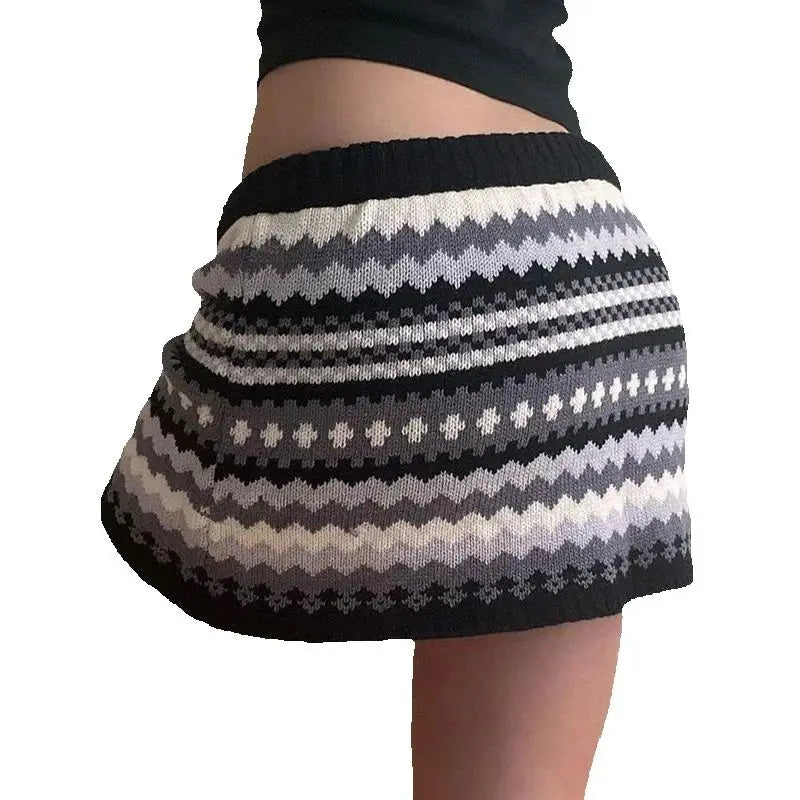 American Style Knitted Skirt Contrasting Color Laceup Striped Printed Hip Skirt Slim Fit Wool Knit Hot Girl Skirt