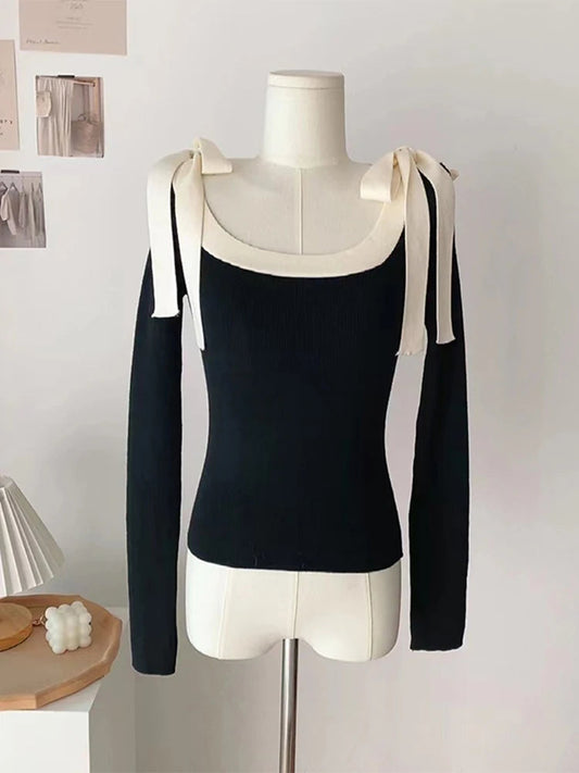 Tie Up Bow Decoration Slim Knitwear Autumn Winter Contrast Color Design Knitwear Female Uneck Sweater Style