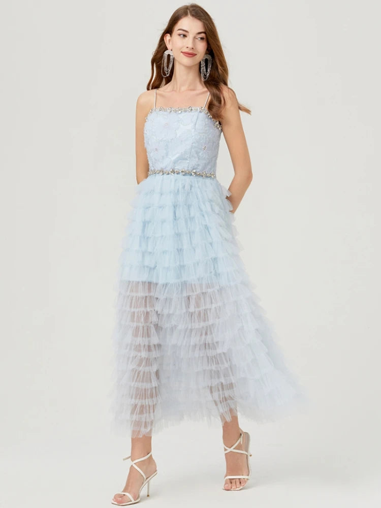 Pearls Sequins Diamonds Blue Mesh Cake Long Dress Spaghetti Straps Wedding Evening Party Bridesmaid Clothes