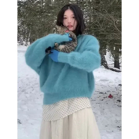 Autumn and Winter New Furry Blue Mink Fur Sweater for Round Neck Simple Loose Knitted Pullovers Tops