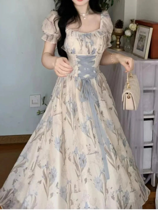 Summer Print Midi Dress Aline Party Prom Vestidos Female French Style Robe Vestidos