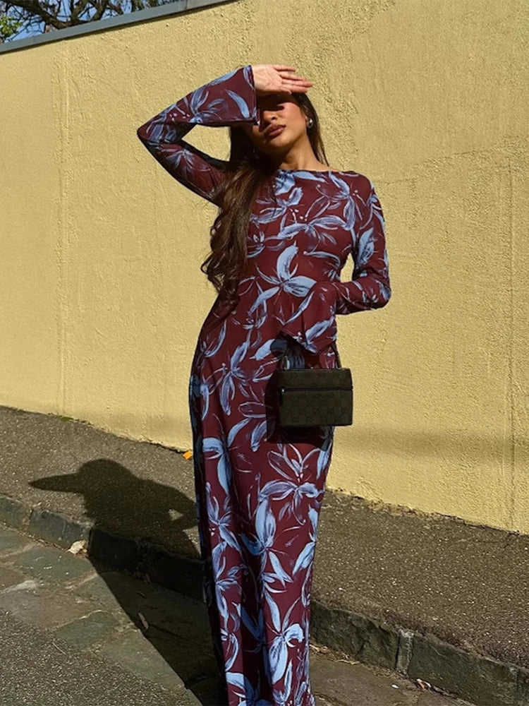 Retro Printed O-neck Holiday Dress Full Sleeve Waist-cinching Long Dresses Female Summer Street Vestidos