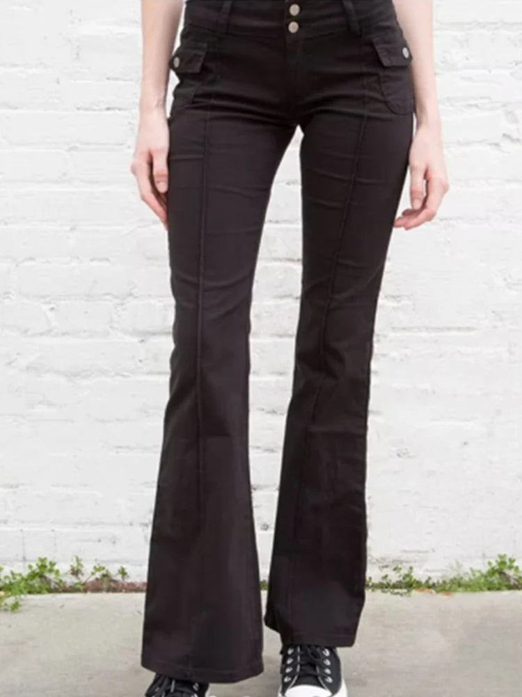 Black Flared Pants Summer Low Waist Pockets Ornamnet Color Pants Female Bottoms
